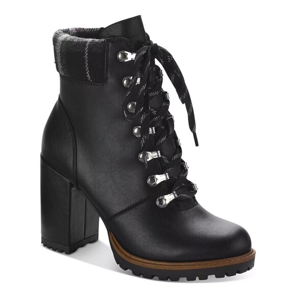 SUN STONE Womens Black Lace Up Octavia Round Toe Block Heel Hiking Boots 7.5 M - Picture 1 of 5
